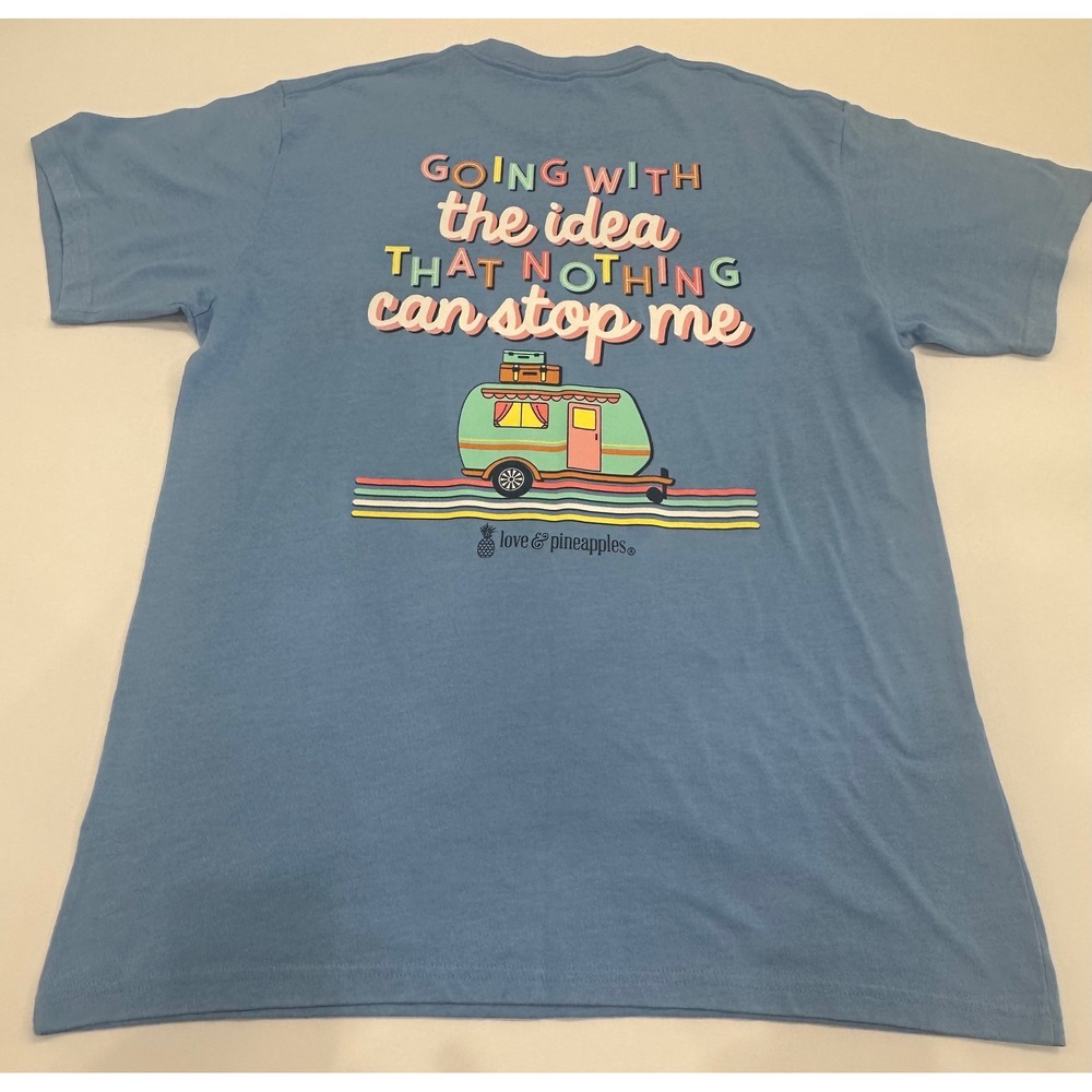 Love & Pineapples Womens Graphic T-Shirt Blue Nothing Can Stop Me Camper Size L